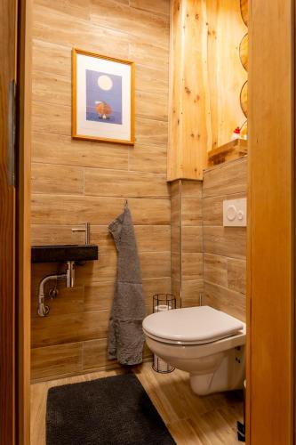 a bathroom with a toilet and wooden walls at Srub Pohodář v Novohradských horách in Benešov nad Černou