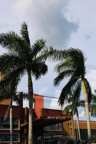 two palm trees in front of a building at Meu Hotel Boituva in Boituva