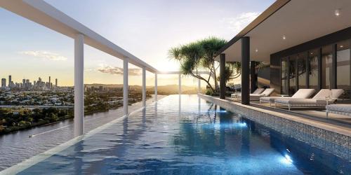 a swimming pool in a house with a view of the city at Free Car Park, Infinity Pool, City View, Spa-Sauna in Brisbane