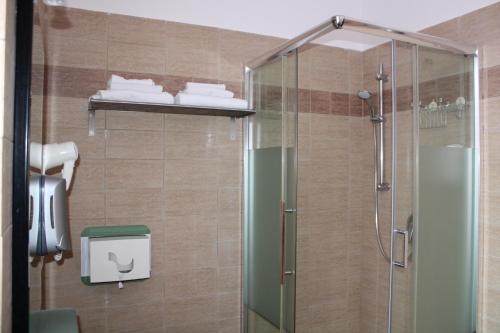 a bathroom with a shower with a glass door at Roma Scout Center in Rome