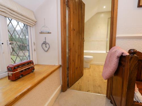 a bathroom with a toilet and a toy train on a ledge at Glandwr Cottage in Llanbedr