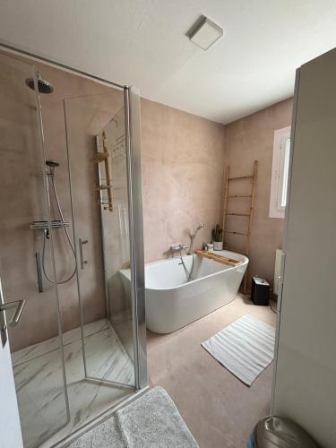 une salle de bain avec baignoire et douche dans l'établissement Maison-Biscarrosse ville-6 pers-lac-océan, à Biscarrosse