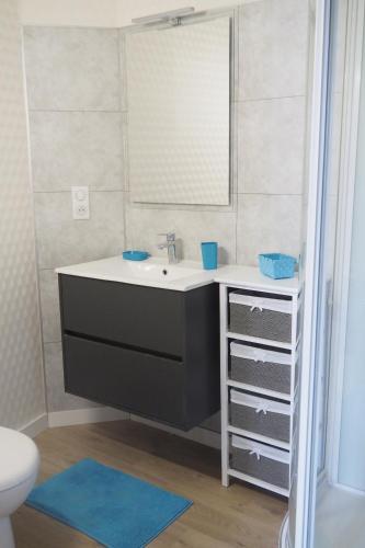 une salle de bain avec un lavabo et un miroir dans l'établissement Maison des Carmes Plurien, à Plurien