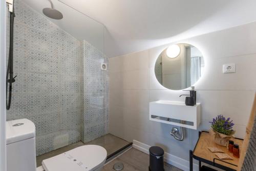 a bathroom with a toilet and a sink and a mirror at Malpique heated pool & Jacuzzi Guest House in Albufeira