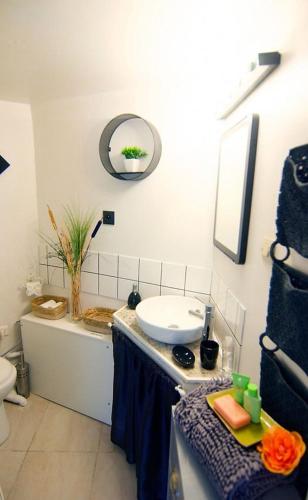 une salle de bain avec un lavabo et des toilettes dans l'établissement Cottage Belle Rive, à Bellerive-sur-Allier