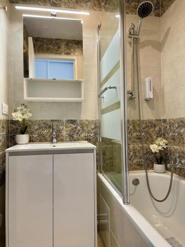 une salle de bain avec un lavabo et une douche dans l'établissement Cap Esterel MAGNIFIQUE VUE MER 5 pers CLIMATISÉ, à Saint-Raphaël