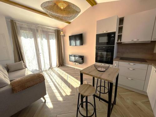 une cuisine et un salon avec un canapé et une table dans l'établissement Appartement T2 Indépendant - 2 personnes, à Sotta