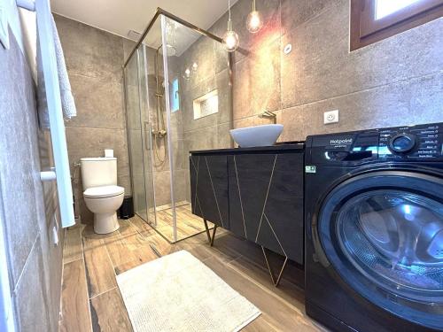 a bathroom with a washing machine and a toilet at Appartement T2 Indépendant - 2 personnes in Sotta