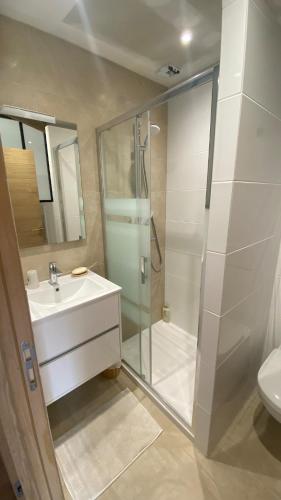 une salle de bain avec une douche, un lavabo et des toilettes dans l'établissement Maison de charme en bord de mer, à Batz-sur-Mer