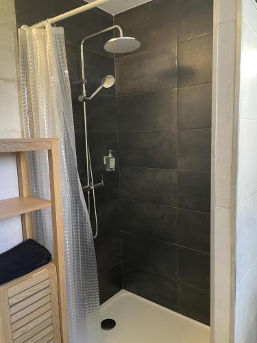 une salle de bain avec une douche avec un rideau de douche dans l'établissement St Cyprien Superbe maison residence avec piscine, à Saint-Cyprien