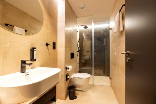 a bathroom with a sink and a toilet and a shower at Hotel NOBILIS - Mladá Boleslav in Bradlec