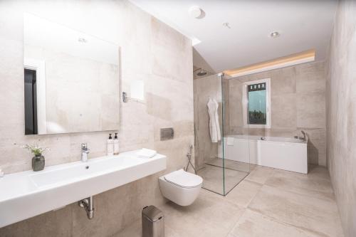 a bathroom with a sink and a toilet and a tub at Valbona Resort & Spa in Valbonë