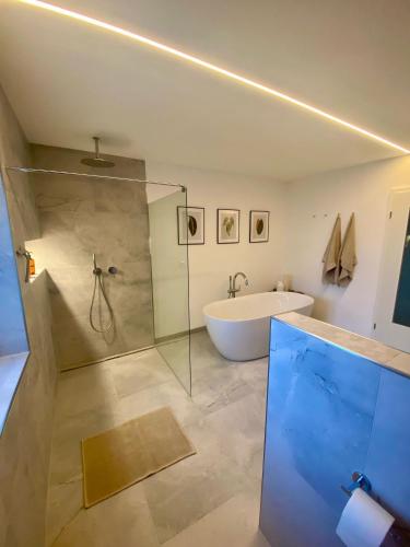 a bathroom with a tub and a glass shower at Moderne Ferienwohnung mit Garten in Spalt