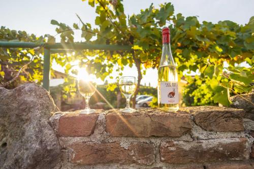 a bottle of wine and two glasses on a brick wall at Penzion Moravská oáza in Valtice