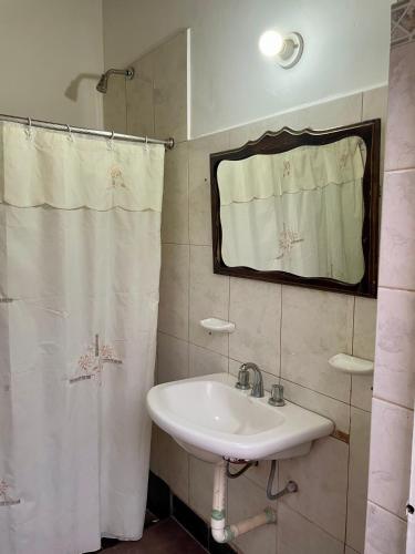 a bathroom with a sink and a shower curtain at Hostel Alelí in Cafayate