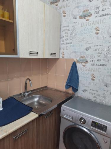 een keuken met een spoelbak en een wasmachine bij квартира in Balqash