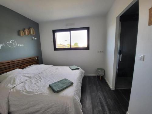 une chambre avec un grand lit avec une fenêtre dans l'établissement Villa 4 chambres - 130m2 - 8 personnes, à Soustons