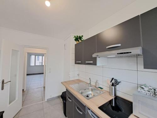 une cuisine avec un évier et un comptoir dans l'établissement Sofia - Grand appartement, à Reims