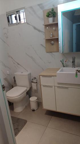 un bagno con un water, un lavandino e uno specchio di Casa LUA DEL PLATA con piscina exterior climatizada desde OCT hasta ABRIL a Parque del Plata