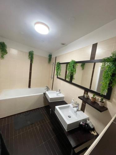 une salle de bain avec deux lavabos et une baignoire dans l'établissement Seemingly well placed 100m 2, à Paris