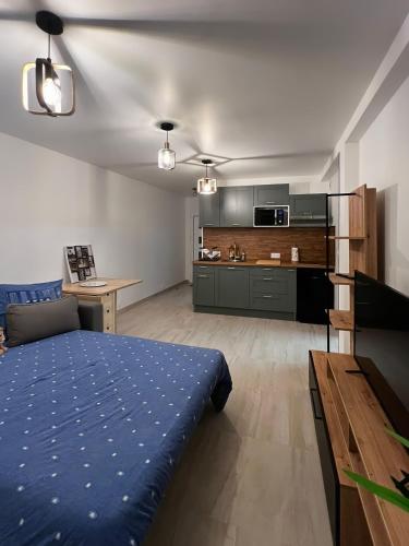 une chambre avec un lit bleu et une cuisine dans l'établissement Studio Cosy entre Paris-Disney, à Chelles