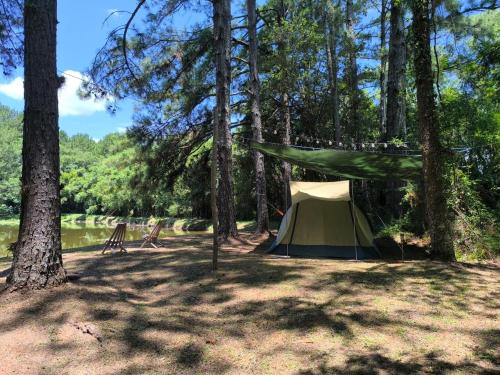 a tent in the woods next to a lake at OM B&B + Spa in Viamão