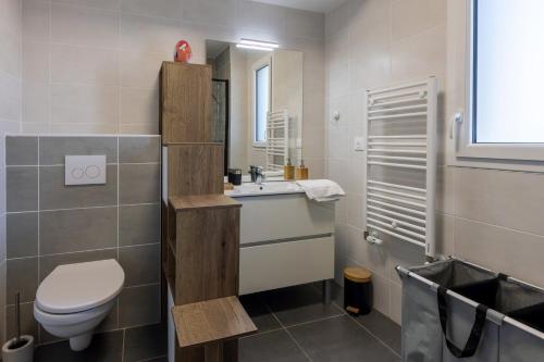a bathroom with a toilet and a sink and a mirror at Atelier Edonya - Au coeur de la Teste in La Teste-de-Buch