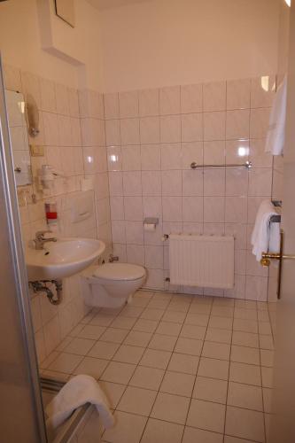 a bathroom with a sink and a toilet at Hotel Am Dom in Greifswald