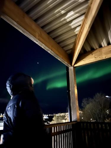 a person standing on a deck watching the northern lights at Modern Studio with Sea View in Tromsø