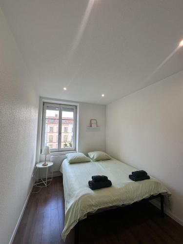 une chambre blanche avec un grand lit avec une fenêtre dans l'établissement # Le 3 # Joli appartement T3 Mulhouse centre, Neuf, calme et tout équipé, à Mulhouse