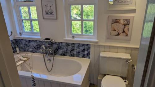 a bathroom with a tub and a toilet and windows at Grade 1 Listed Farm House 14 ppl 45 mins London in Fyfield