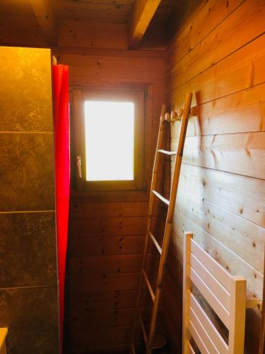 Cette petite chambre dispose d'une fenêtre et d'une échelle. dans l'établissement Le Chalux, à La Bresse