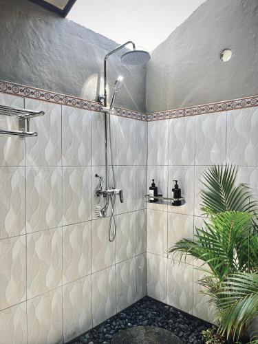 a shower stall in a bathroom with a plant at Papahan Bali in Sidemen