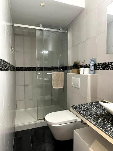 une salle de bain avec toilettes et douche en verre dans l'établissement GoodGuest Paris Montorgueil Bail Mobilité, à Paris