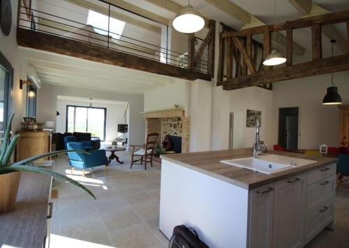 une cuisine avec un évier et un salon dans l'établissement Gite de FRIZOT, 5 minutes de Nogaro, all inclusiv, à Sion