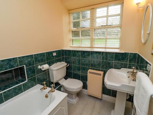 a green tiled bathroom with a toilet and a sink at Bracken Lodge in Wooler