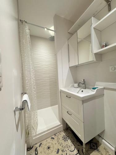 une salle de bain blanche avec un lavabo et une douche dans l'établissement Le Capitaine Maignan, Centre de Rennes, à Rennes