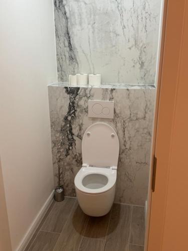 a bathroom with a toilet with a marble wall at Notorious Design Apartments - near Kärntner Straße in Vienna