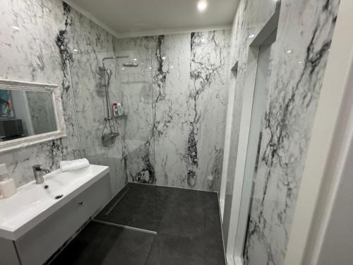 a black and white bathroom with a sink and a shower at Notorious Design Apartments - near Kärntner Straße in Vienna