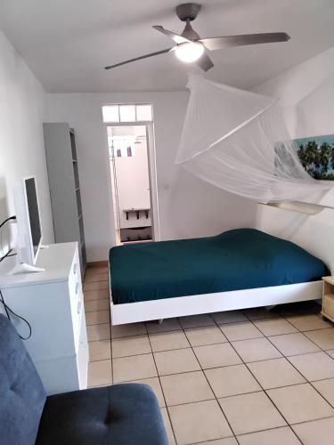 a room with a bed and a ceiling fan at Grand T2 avec piscine privative in Les Trois-Îlets