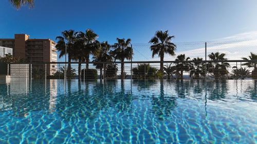 a swimming pool with a fence and palm trees at Seaside Apartment in Arenales del Sol