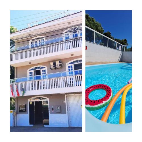 zwei Bilder von einem Haus und einem Swimmingpool in der Unterkunft Hotel Hospedagem Palhoça in Palhoça