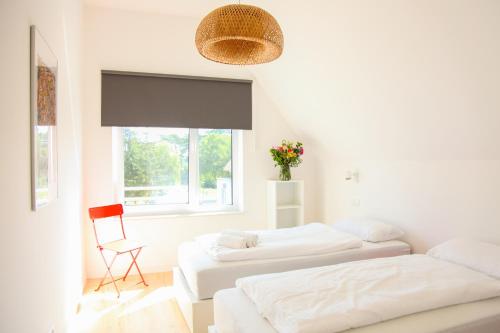 a white room with two beds and a chair at Ferienhaus Loddinperle mit Sauna in Loddin
