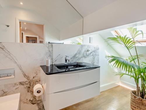 Bassenthwaite Lake4 Bed in Bassenthwaite 91210的白色的厨房,配有水槽和植物