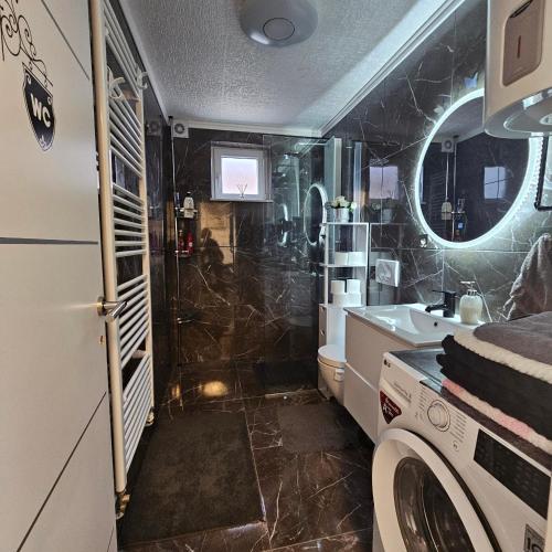 a bathroom with a shower and a sink and a washing machine at ENA 1&2 -BIG FREE PRIVAT parking for BOATS, TRUCKs, combi,-CENTRAL HEATING !!! in Karlovac