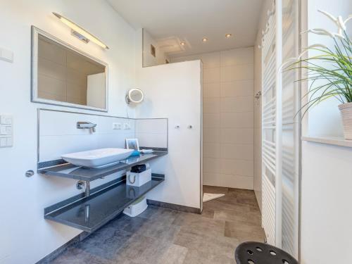 a bathroom with a sink and a mirror at Villa Maarten mit Sauna in Zempin
