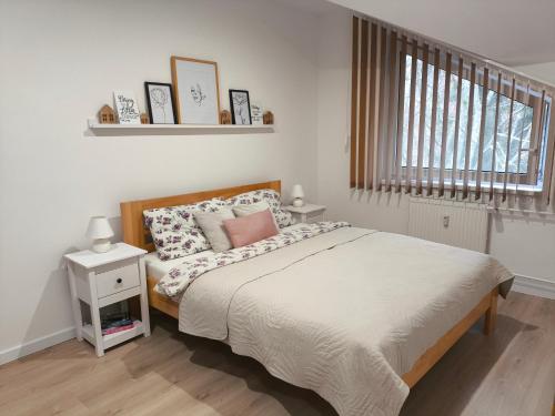 a bedroom with a large bed and a window at Apartman Ema in Donovaly