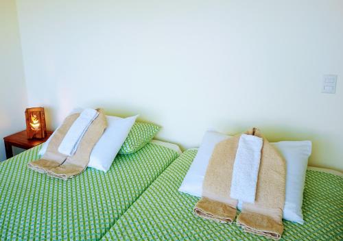 a green bed with towels on the pillows at VILLA SIMONE ARENAL French Ecolodge in Tilarán