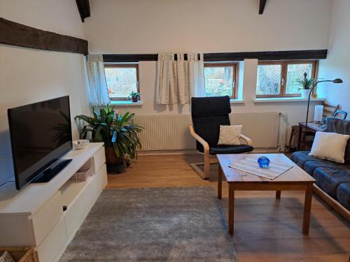 a living room with a couch and a tv at Ferienwohnung Gitta in Helmstorf