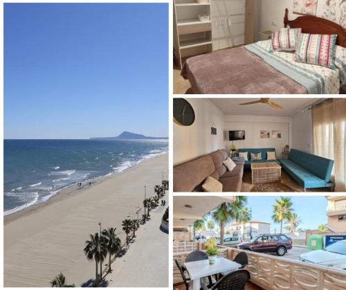 Un collage de fotografías de un dormitorio y una playa. en Apartamento en Primera Línea de Playa y Muy Céntrico, en Miramar